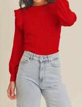 Load image into Gallery viewer, Red Ruffle Shoulder and Balloon Sleeve Sweater
