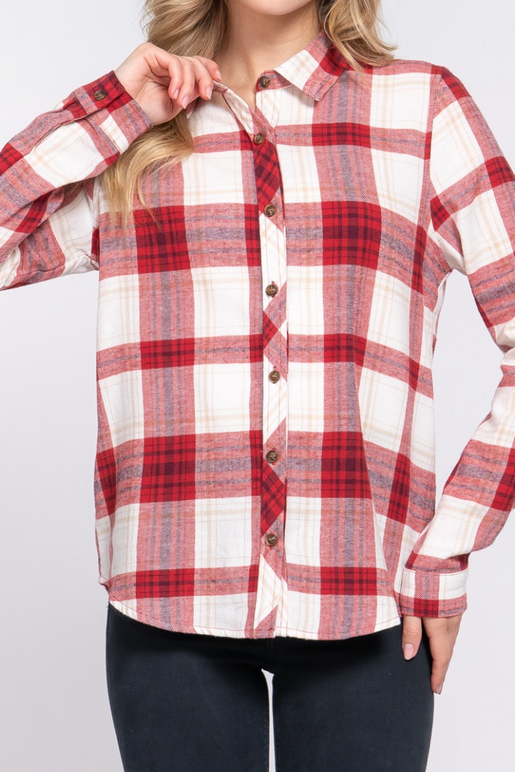 Red & Ivory Plaid Button Up