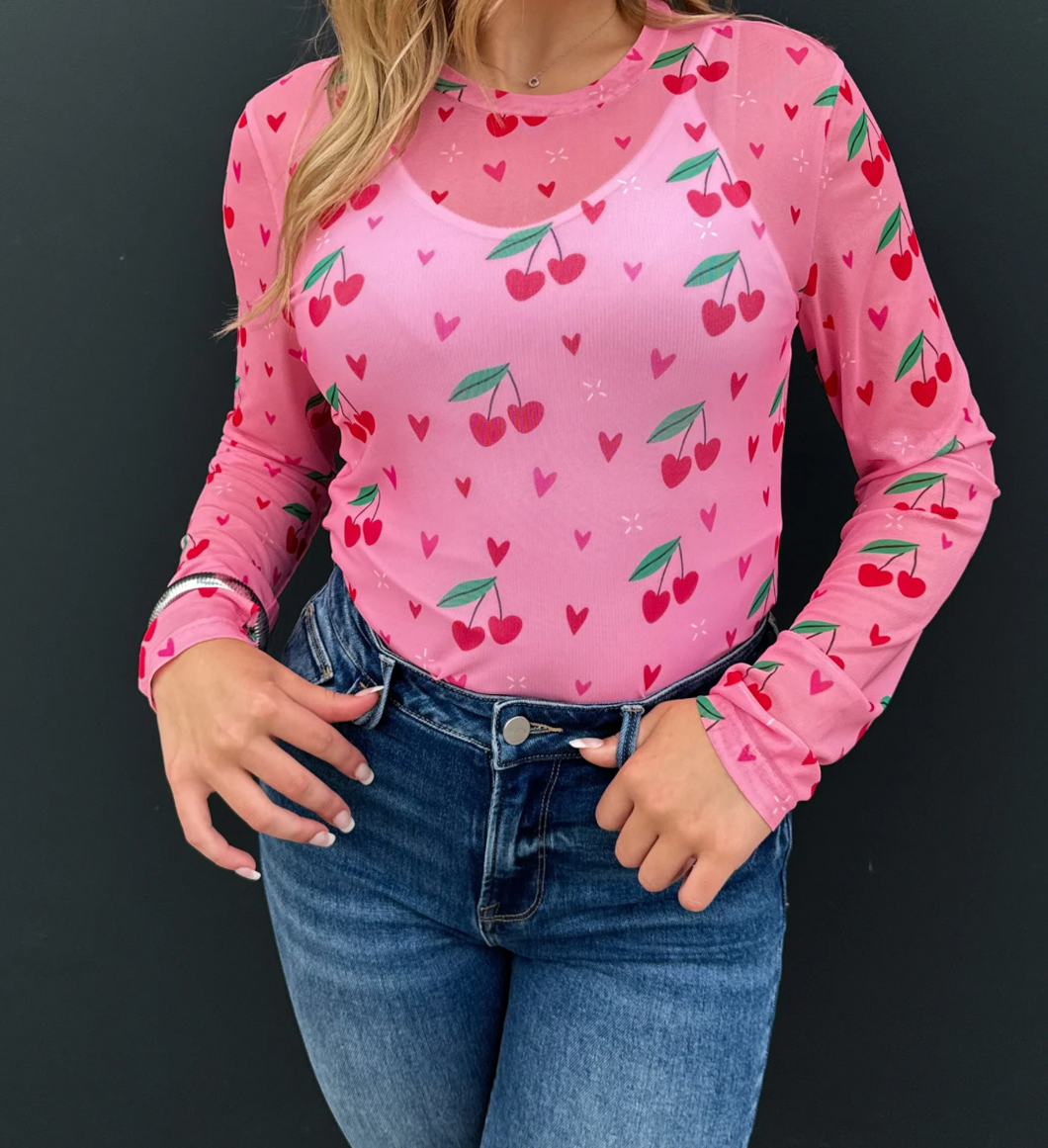 Pink Cherry Hearts Mesh Long Sleeve