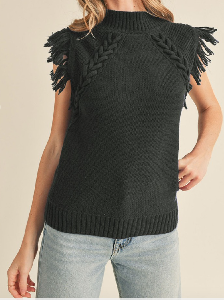 Black Sleeveless Fringe Sweater