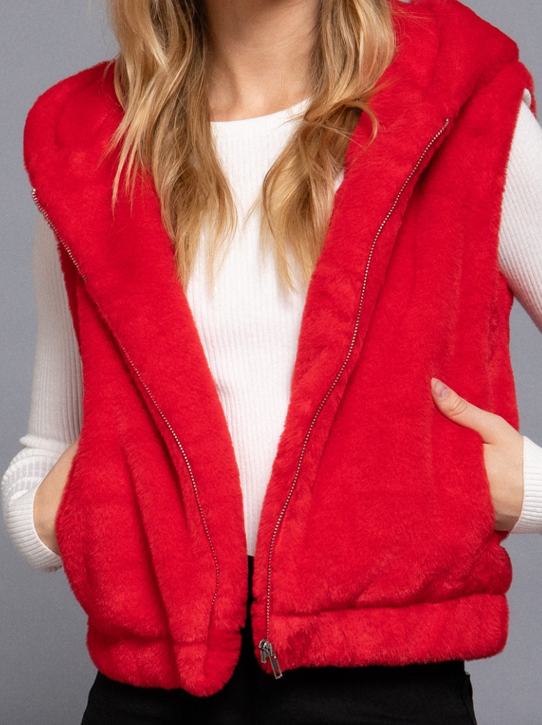 Red Faux Fur Hoodie Vest