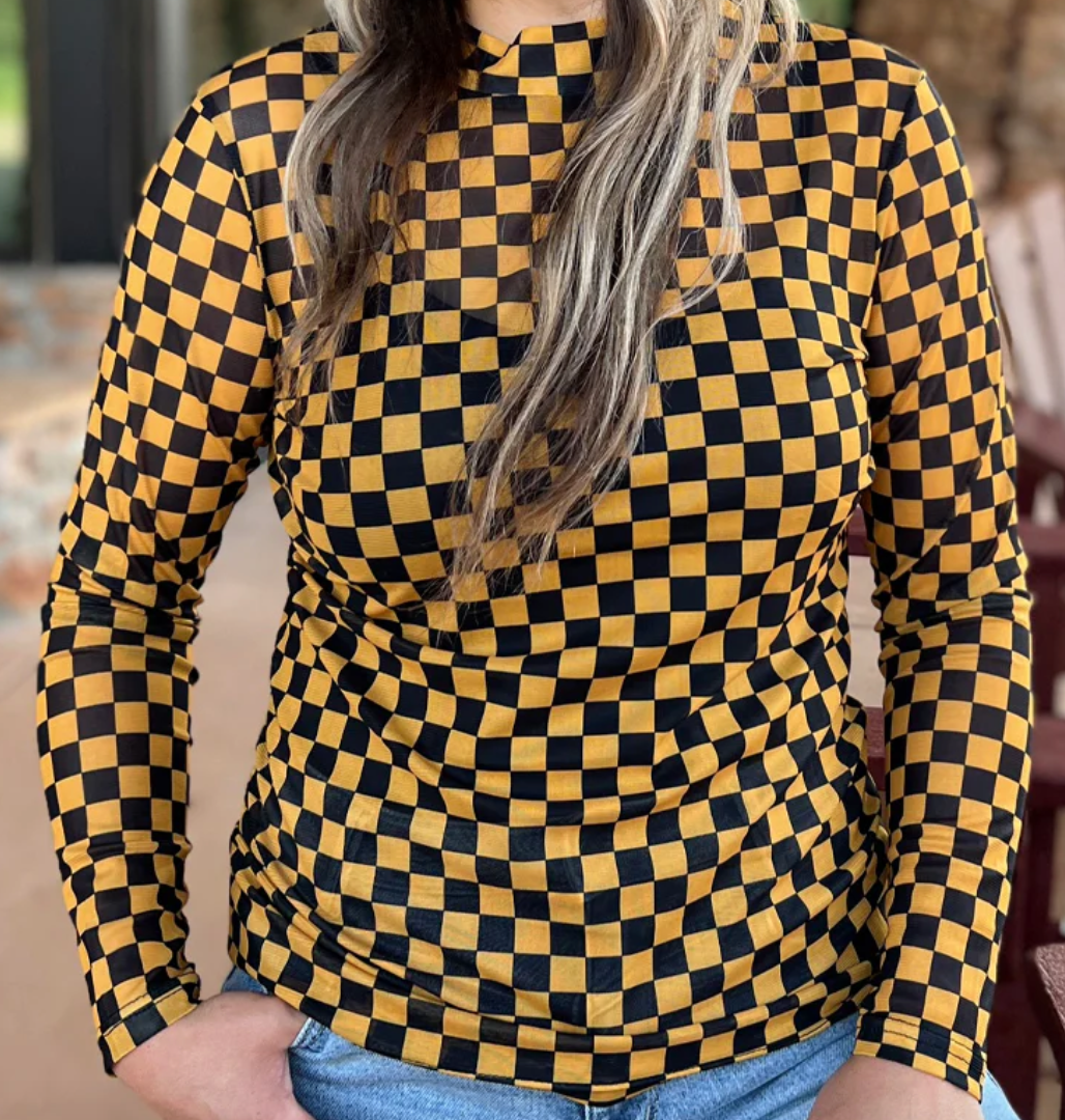 Black & Gold Checker Long Sleeve Mesh Top