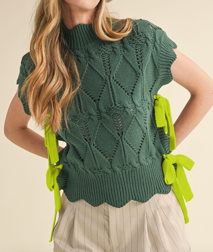 Green Mock Neck Sweater Vest w/ Tied Sides