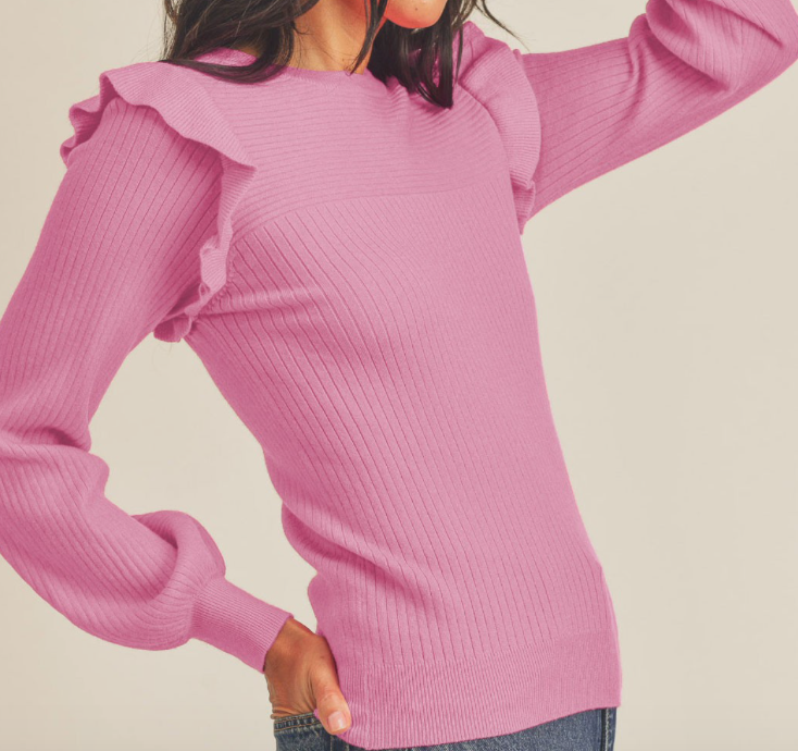 Orchid Ruffle Shoulder and Balloon Sleeve Sweater