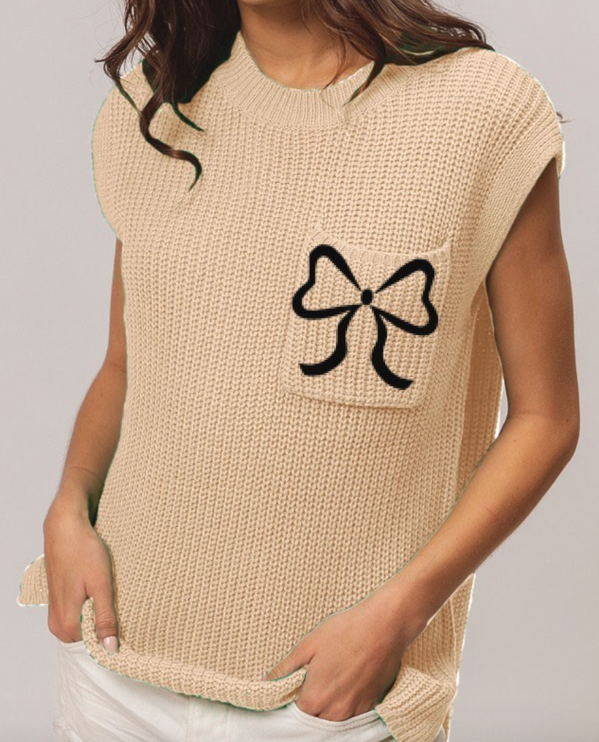 Oatmeal Sleeveless Sweater w/ Bow Pocket