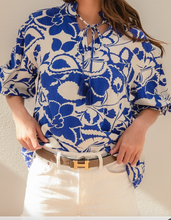 Load image into Gallery viewer, Royal Blue Floral Bubble Sleeve Top
