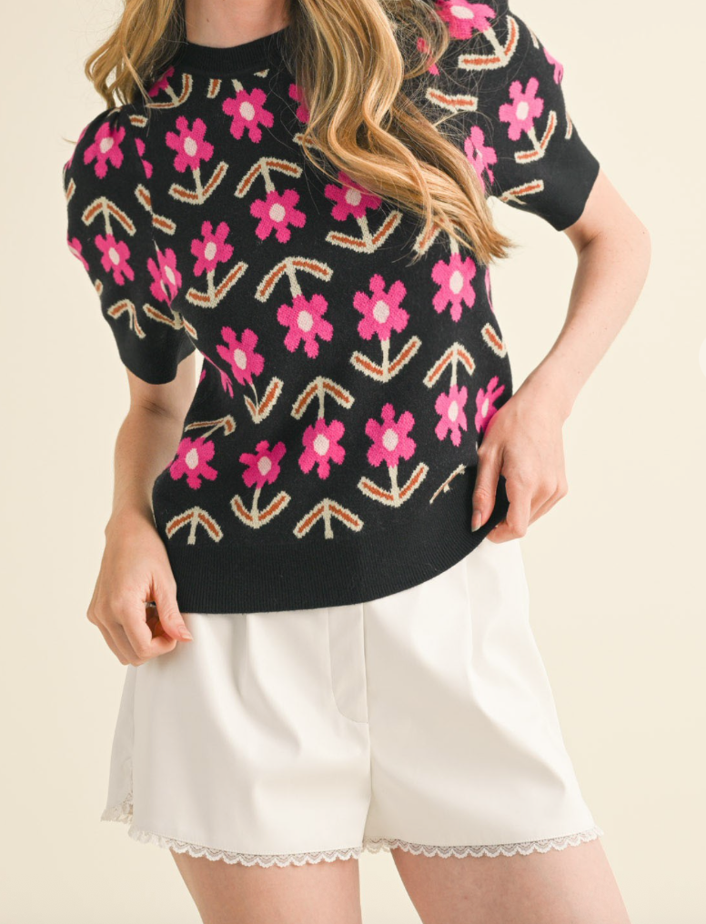 Black & Pink Floral Print Sweater