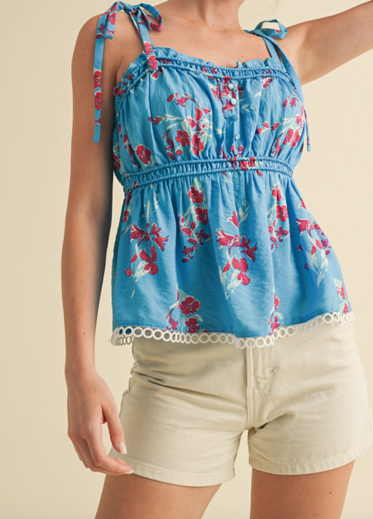 Blue Floral Lace Trim Tie Tank