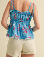 Load image into Gallery viewer, Blue Floral Lace Trim Tie Tank
