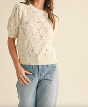Load image into Gallery viewer, Cream Pointelle Knit w/ Floral Embroidery Sweater
