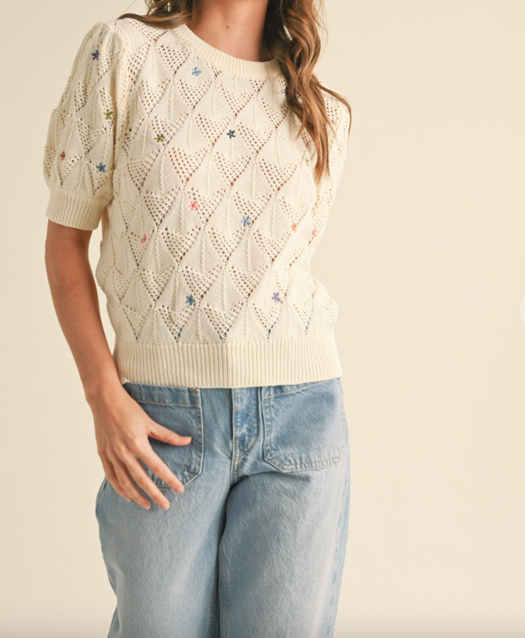Cream Pointelle Knit w/ Floral Embroidery Sweater