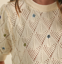 Load image into Gallery viewer, Cream Pointelle Knit w/ Floral Embroidery Sweater
