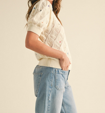 Load image into Gallery viewer, Cream Pointelle Knit w/ Floral Embroidery Sweater
