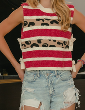 Load image into Gallery viewer, Red, White, &amp; Animal Print Stipe Sweater Vest w/ Side Ties
