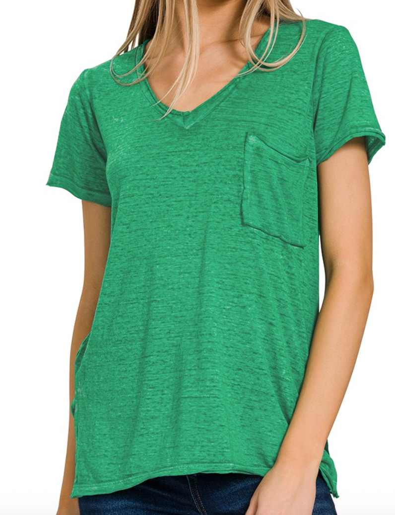 Green Scoop V-Neck Tee