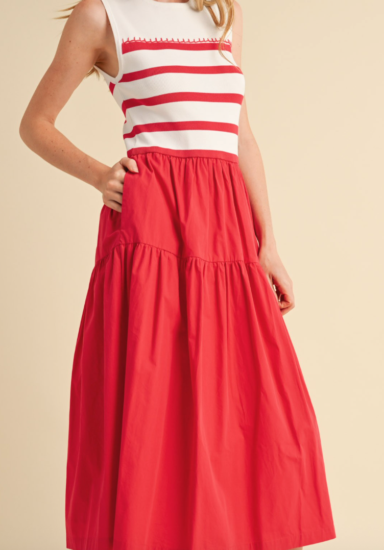 Red & White Stripe Tank Midi Dress