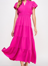 Load image into Gallery viewer, Hot Pink V-Neck Dress w/ Bubble Sleeve
