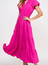 Load image into Gallery viewer, Hot Pink V-Neck Dress w/ Bubble Sleeve
