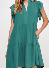 Load image into Gallery viewer, Teal V-Neck Ruffle Cap Sleeve Dress
