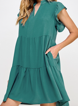 Load image into Gallery viewer, Teal V-Neck Ruffle Cap Sleeve Dress
