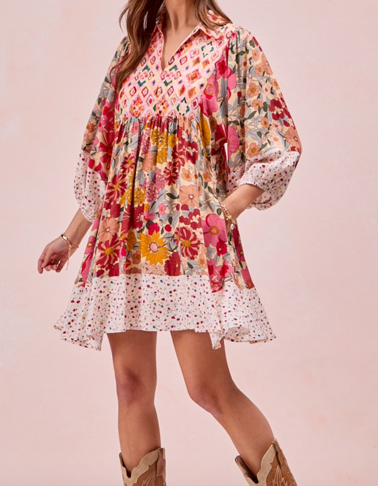 Rose Floral Bubble Sleeve Dress