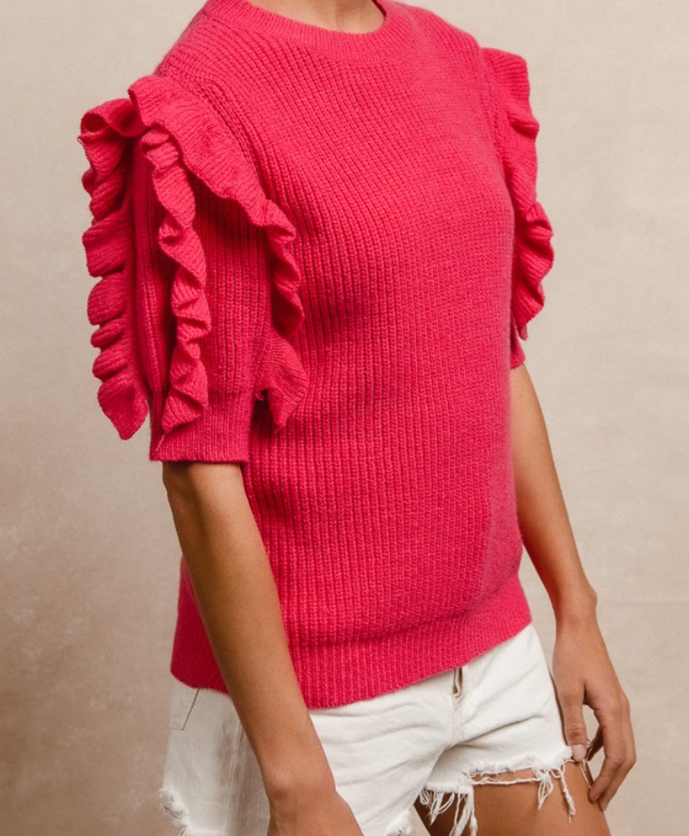 Fuchsia Short Sleeve Sweater w Ruffle Sleeve