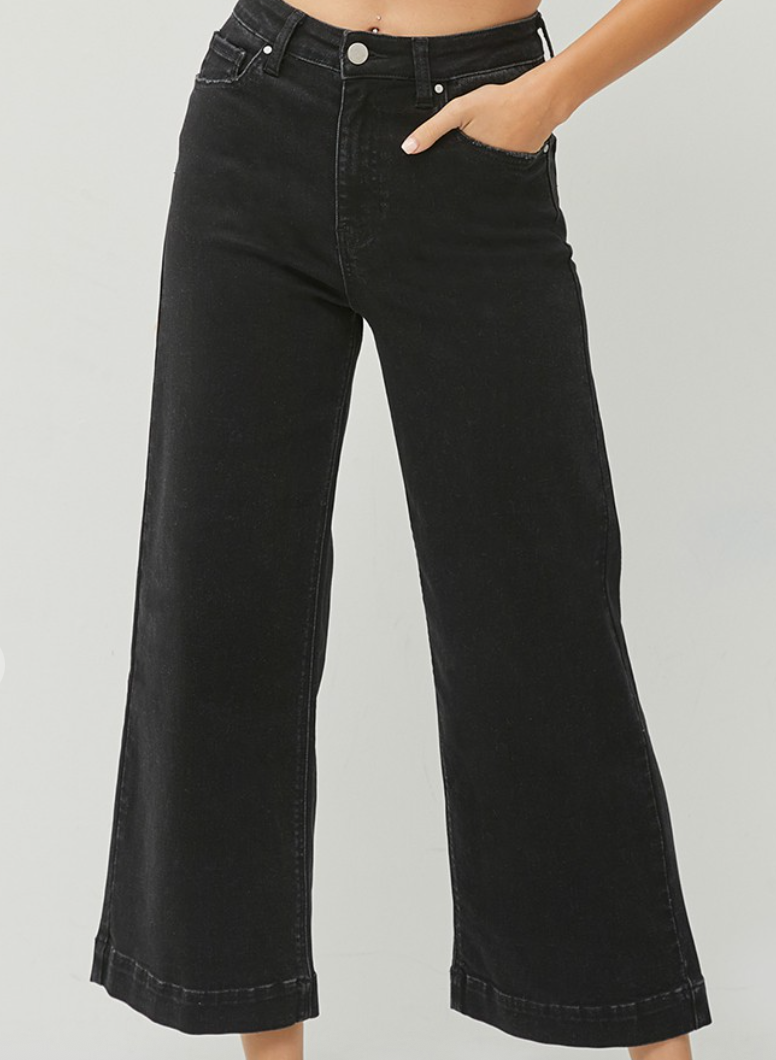 Black High Rise Ankle Wide-Leg Jeans
