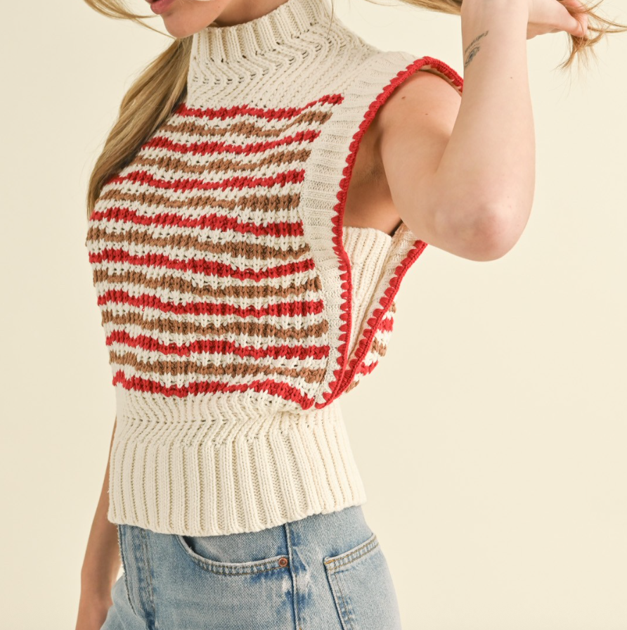 Cream Sleeveless Sweater w/ Red & Tan Stripes