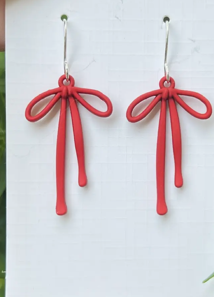 Red Metal Bow Dangle Earrings