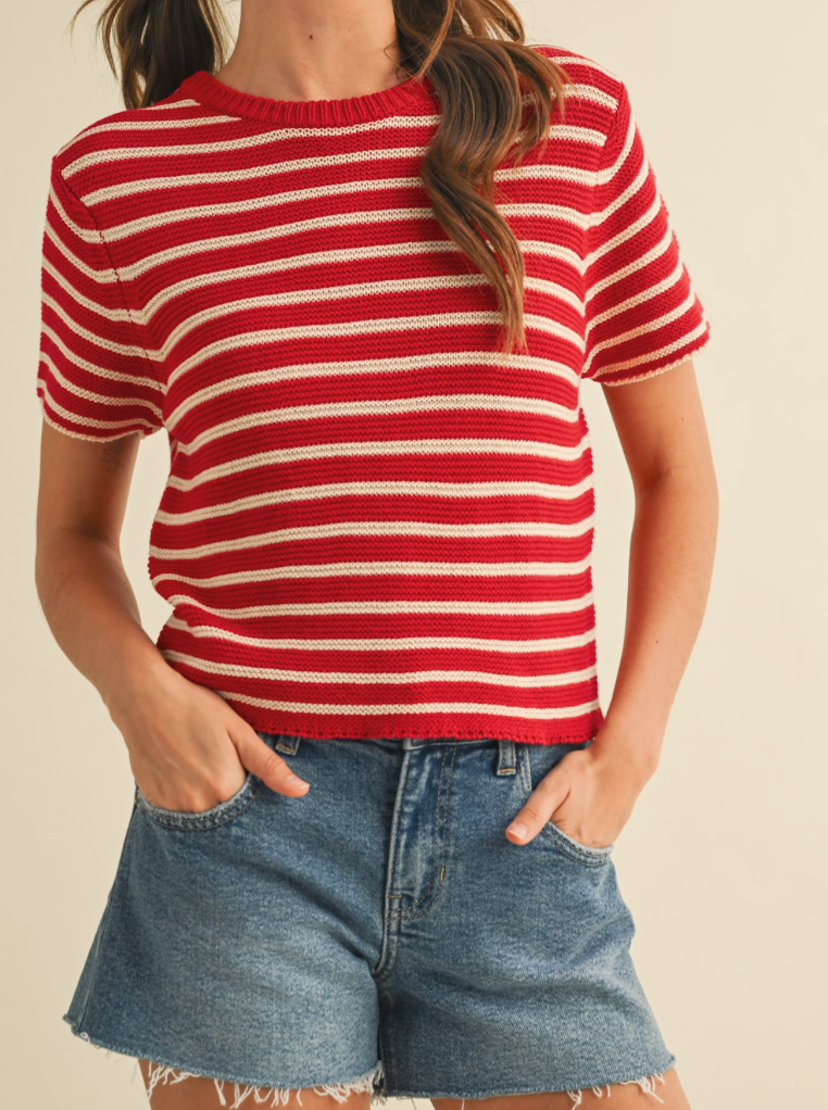 Red & White Stripe Short Sleeve Sweater