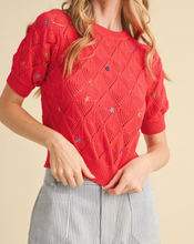 Load image into Gallery viewer, Red Coral Pointelle Knit w/ Floral Embroidery Sweater
