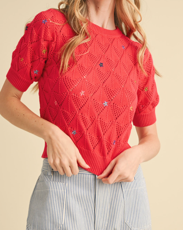 Red Coral Pointelle Knit w/ Floral Embroidery Sweater