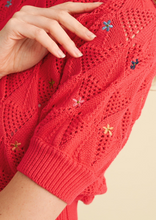 Load image into Gallery viewer, Red Coral Pointelle Knit w/ Floral Embroidery Sweater
