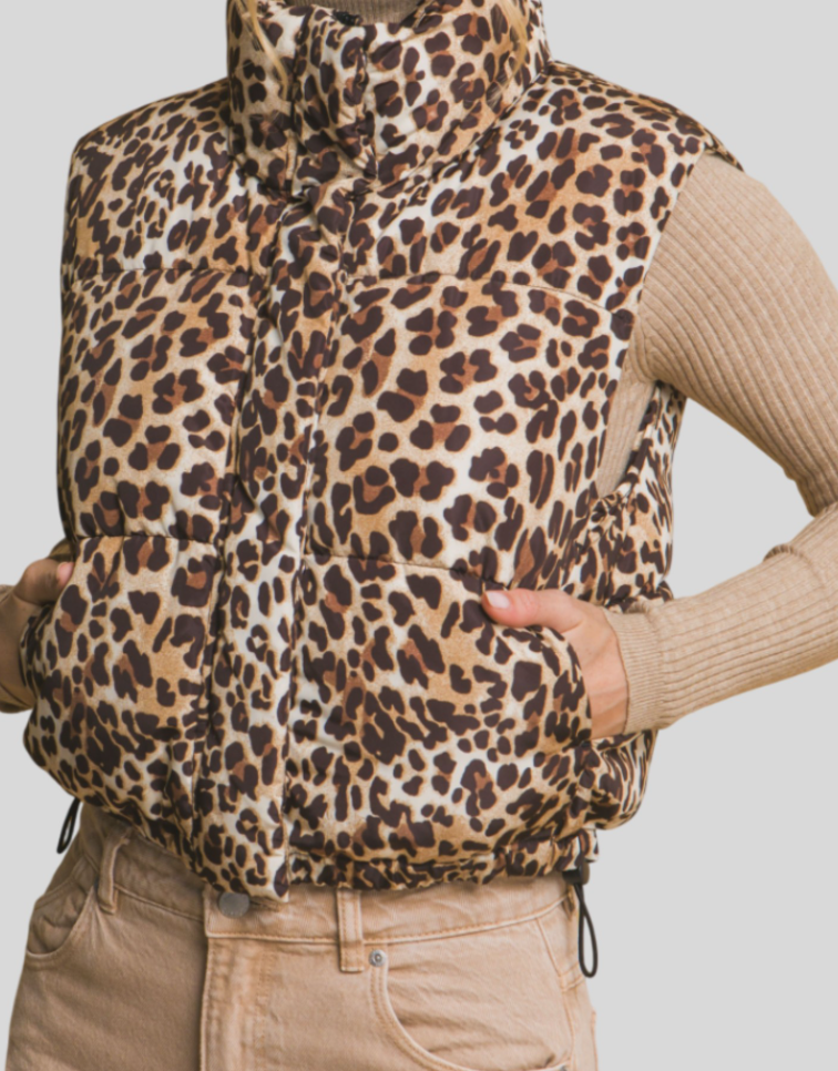 Camel Animal Print Puffer Vest