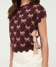 Load image into Gallery viewer, Burgundy Bow Pattern Side Tie Sweater

