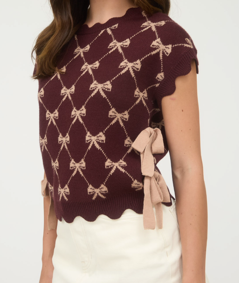 Burgundy Bow Pattern Side Tie Sweater