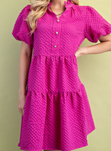 Load image into Gallery viewer, Magenta Seersucker Dress w/ Puff Sleeves
