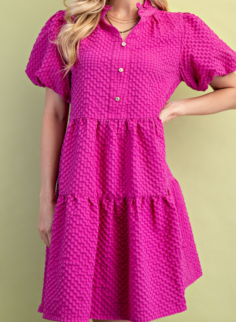 Magenta Seersucker Dress w/ Puff Sleeves