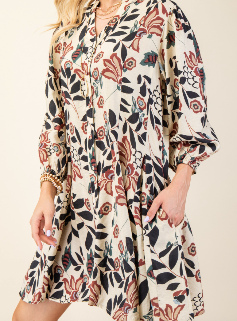 Burgundy & Gray Floral 3/4 Sleeve Dress