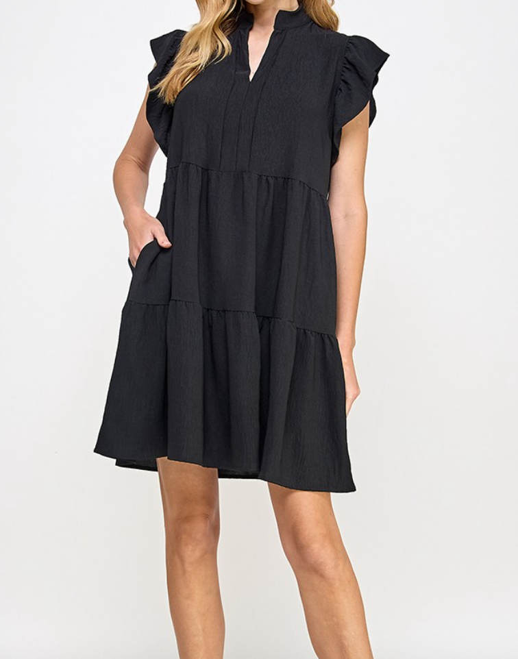 Black V-Neck Ruffle Cap Sleeve Dress