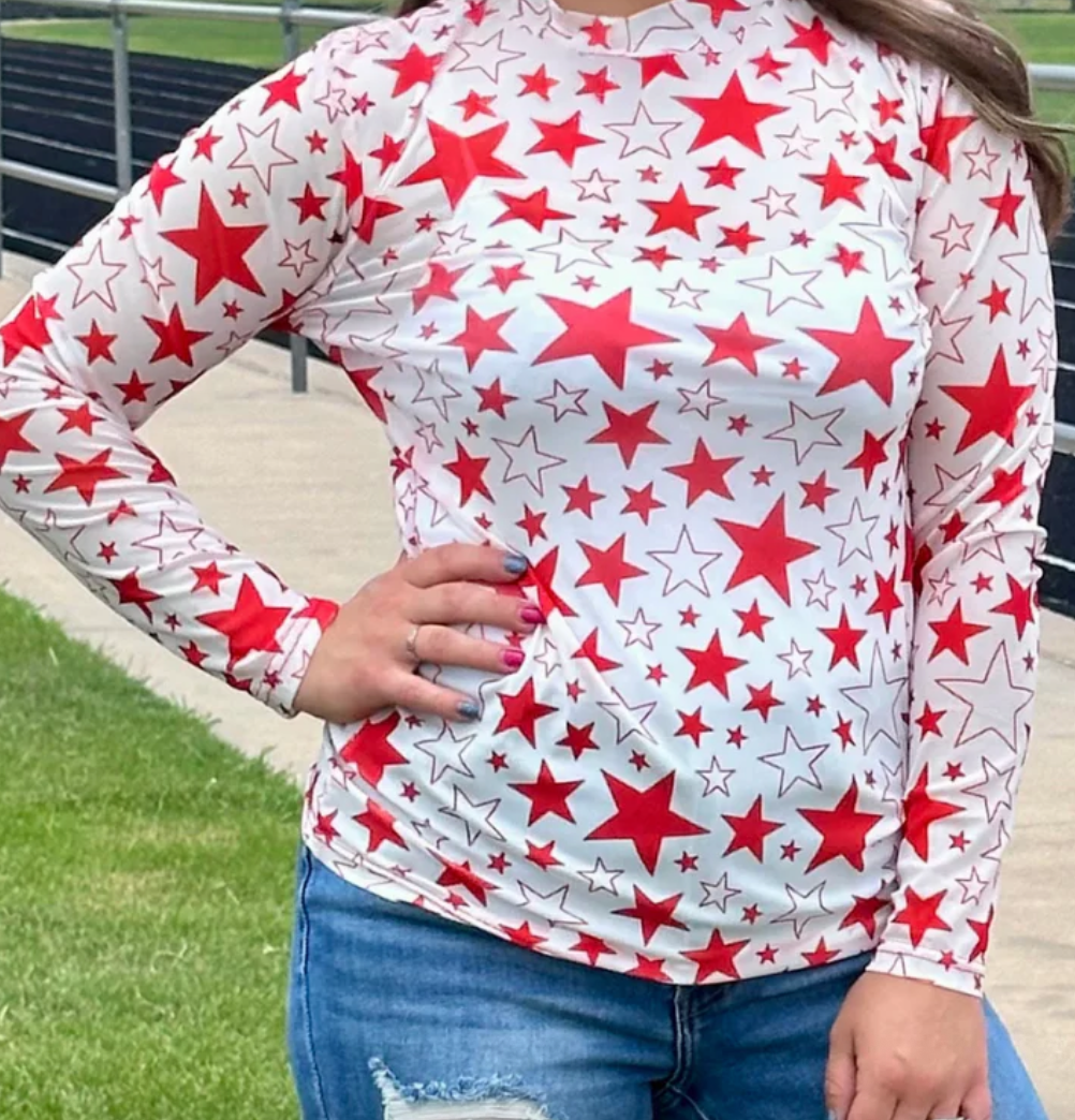 Red & White Star Mesh Long Sleeve Top