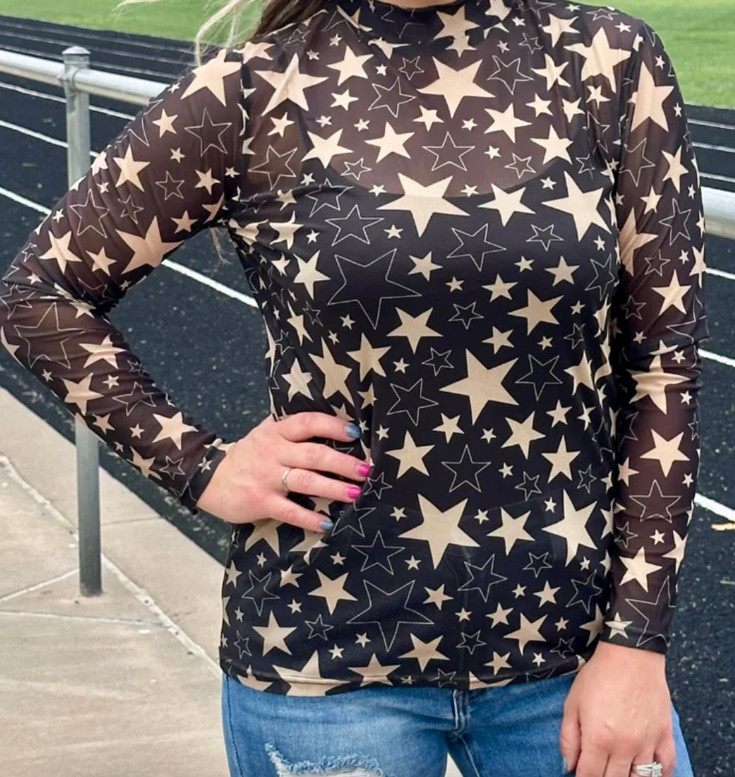 Black & Gold Star Mesh Long Sleeve Top