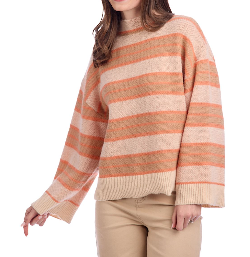 Tan, Cream, Orange Stripe Mock Neck Wide Arm Sweater