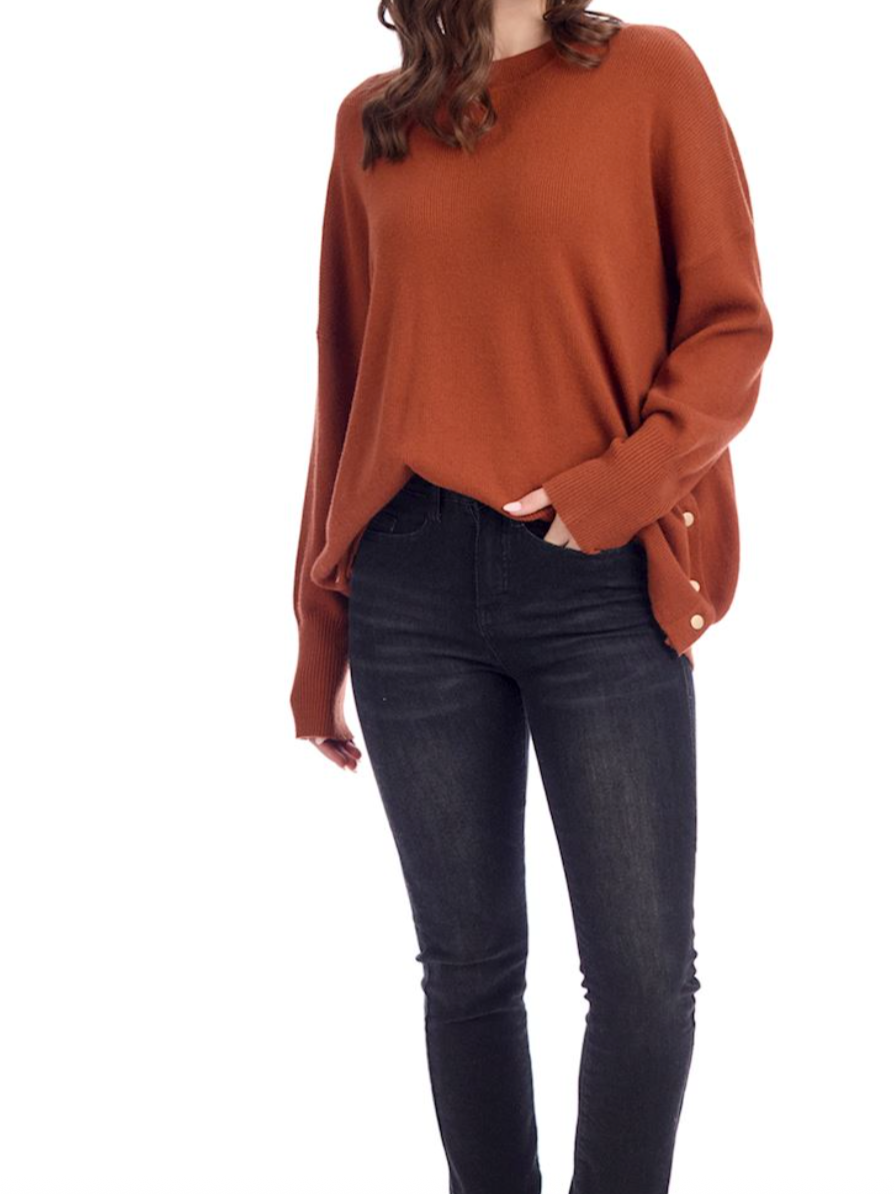 Rust OverSized Sweater w/ Side Button Detail