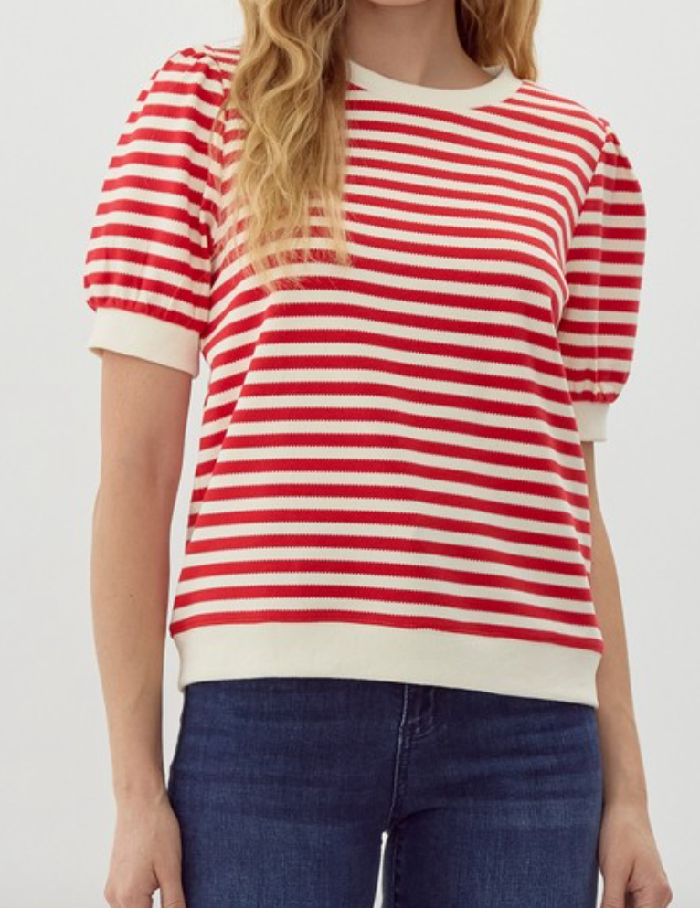 Red & Cream Stripe Top w/ Puff Sleeve