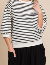Load image into Gallery viewer, Cream &amp; Black Strip 3/4 Puff Sleeve Top
