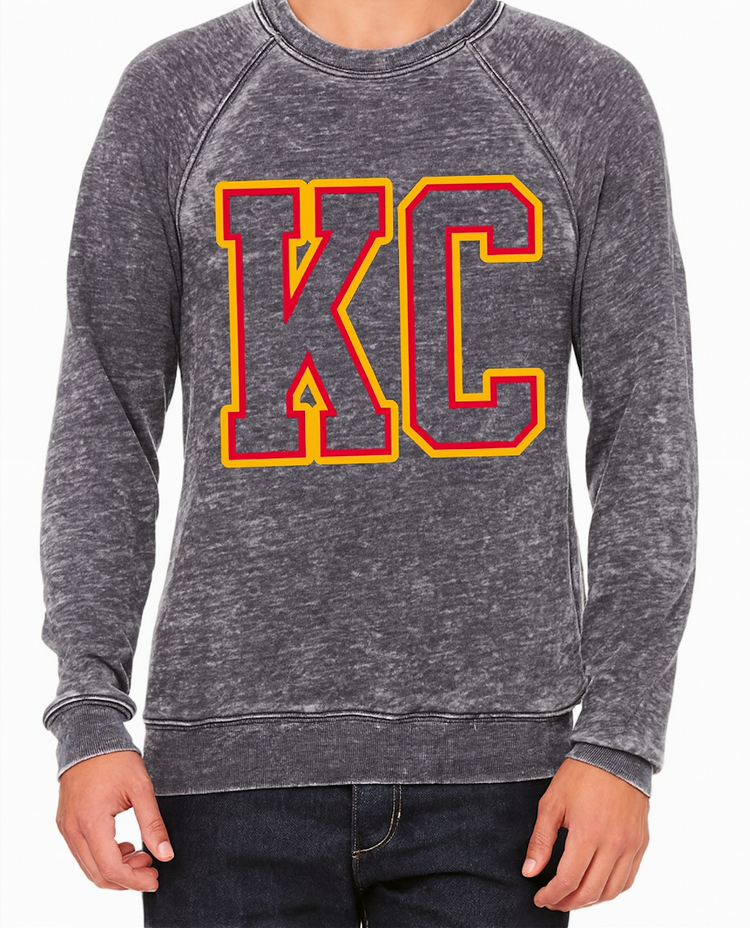 Red & Yellow KC Block Letters Gray Acid Wash Sweatshirt