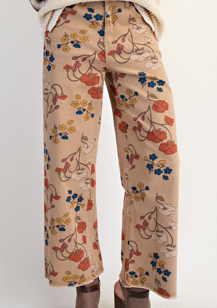 Khaki Floral Twill Pants