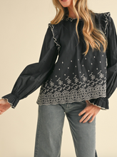 Load image into Gallery viewer, Black Ruffle &amp; Embroidered Long Sleeve Top
