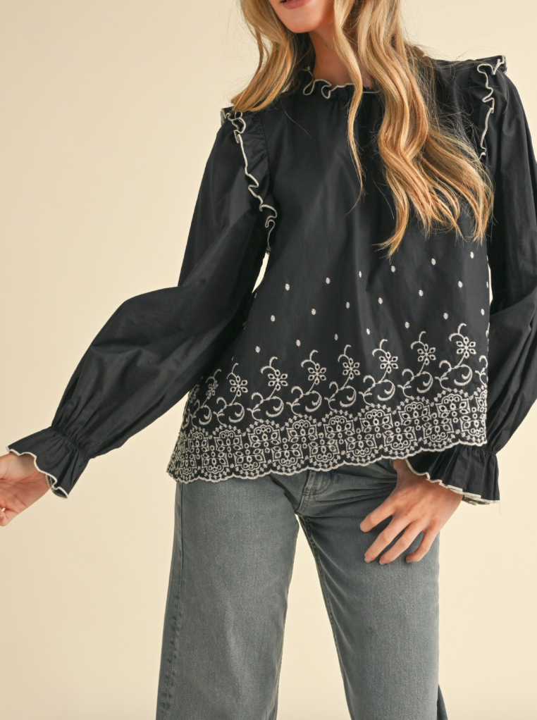 Black Ruffle & Embroidered Long Sleeve Top